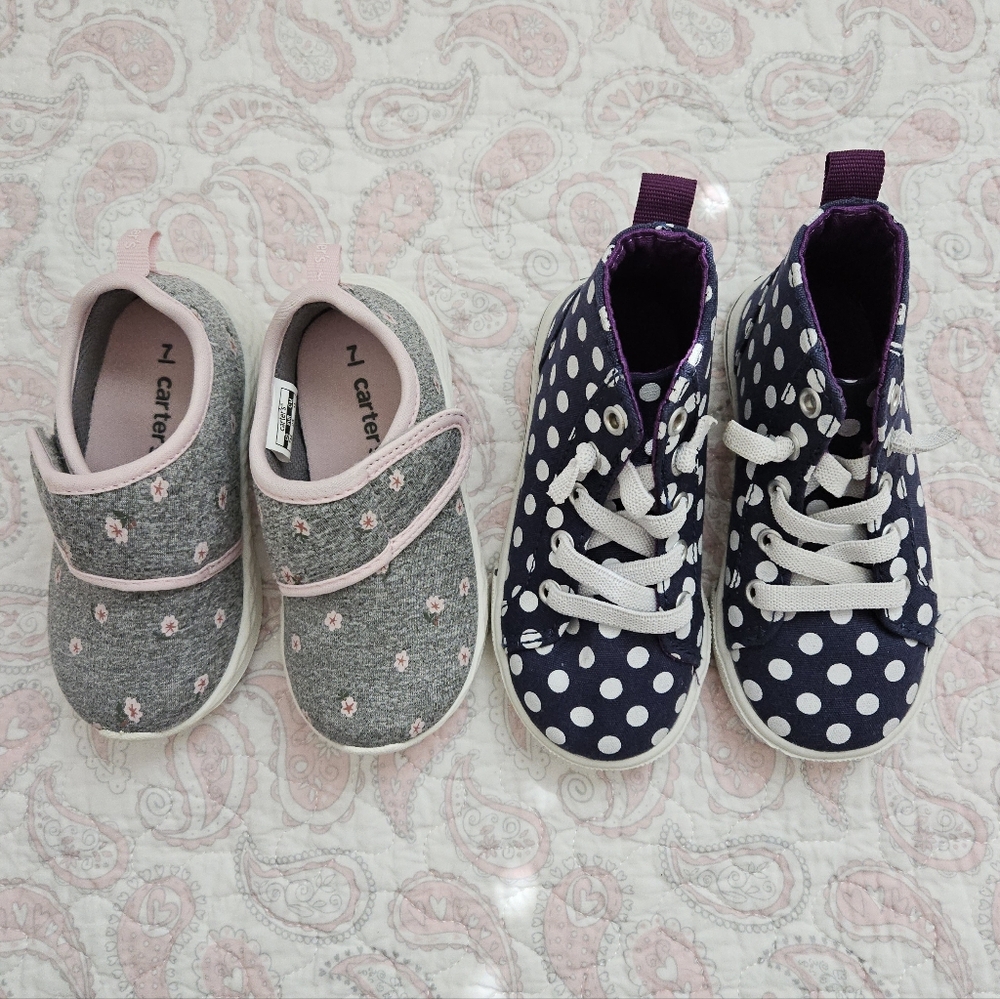New Bundle 2 Carter's Toddler Girl Shoes Sneakers High tops 7 Baby Polka dot
